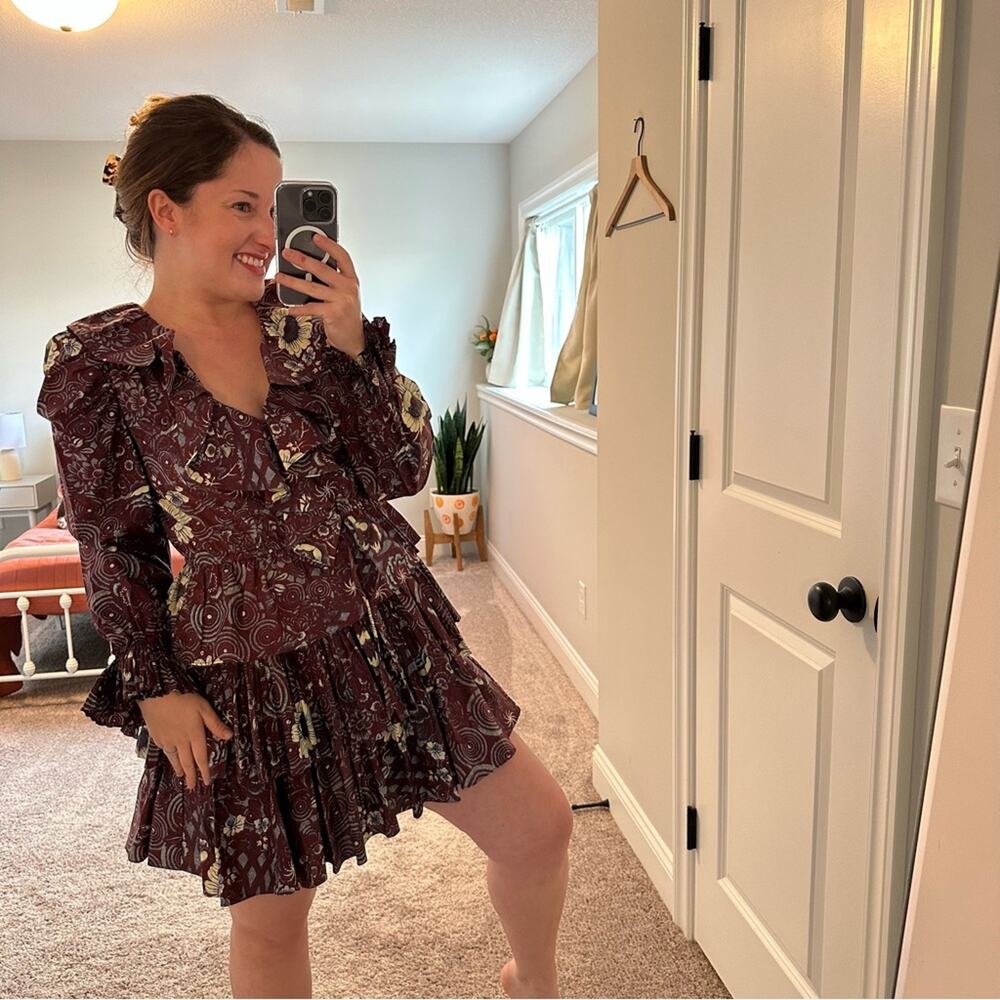 Ulla Johnson Maroon Blue Floral Long Sleeve Mini Dress 2 - Picture 3 of 12